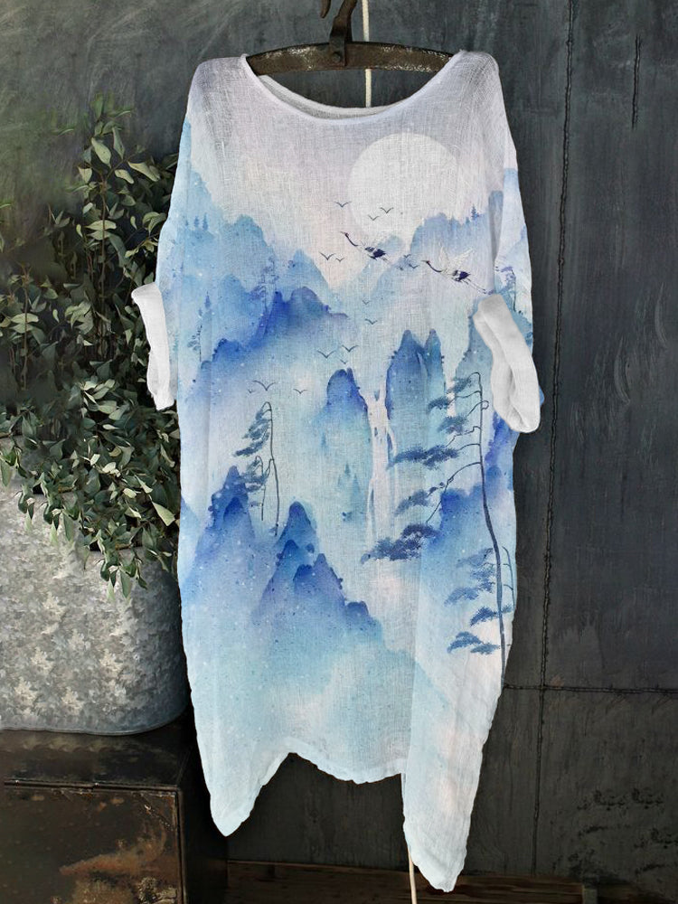 Watercolor Landscape & Crane Print Linen Loose Flowing Long Shirt elevenforest