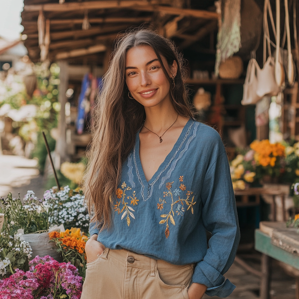 Fashion Floral Embroidered Linen V-neck Shirt elevenforest
