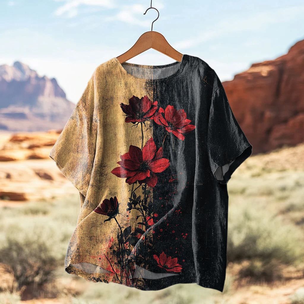 Women's Vintage Rose Art Print Casual Linen Shirt elevenforest