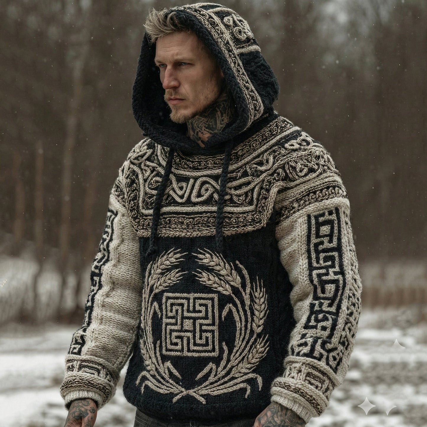 Men's Vintage Greek Key With Wheat Sheaf Art Pattern Casual Cozy Knit Hooded Sweater elevenforest