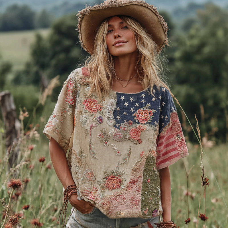 Western Cowboy Style American Flag Floral Patchwork Vintage Linen Round Neck T Shirt In The Countryside elevenforest