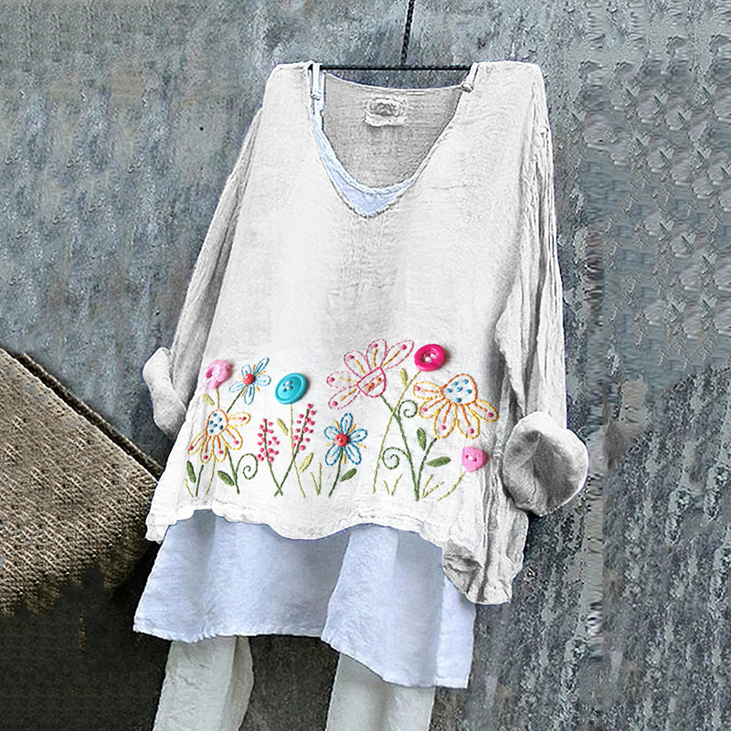 Women's Vintage Floral Embroidery Art Loose V-neck Shirt elevenforest