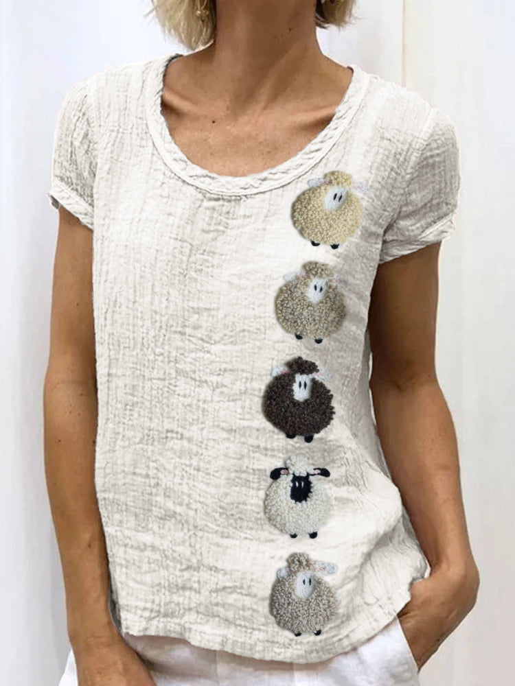 Comstylish Colorful Sheep Embroidered Linen Shirt