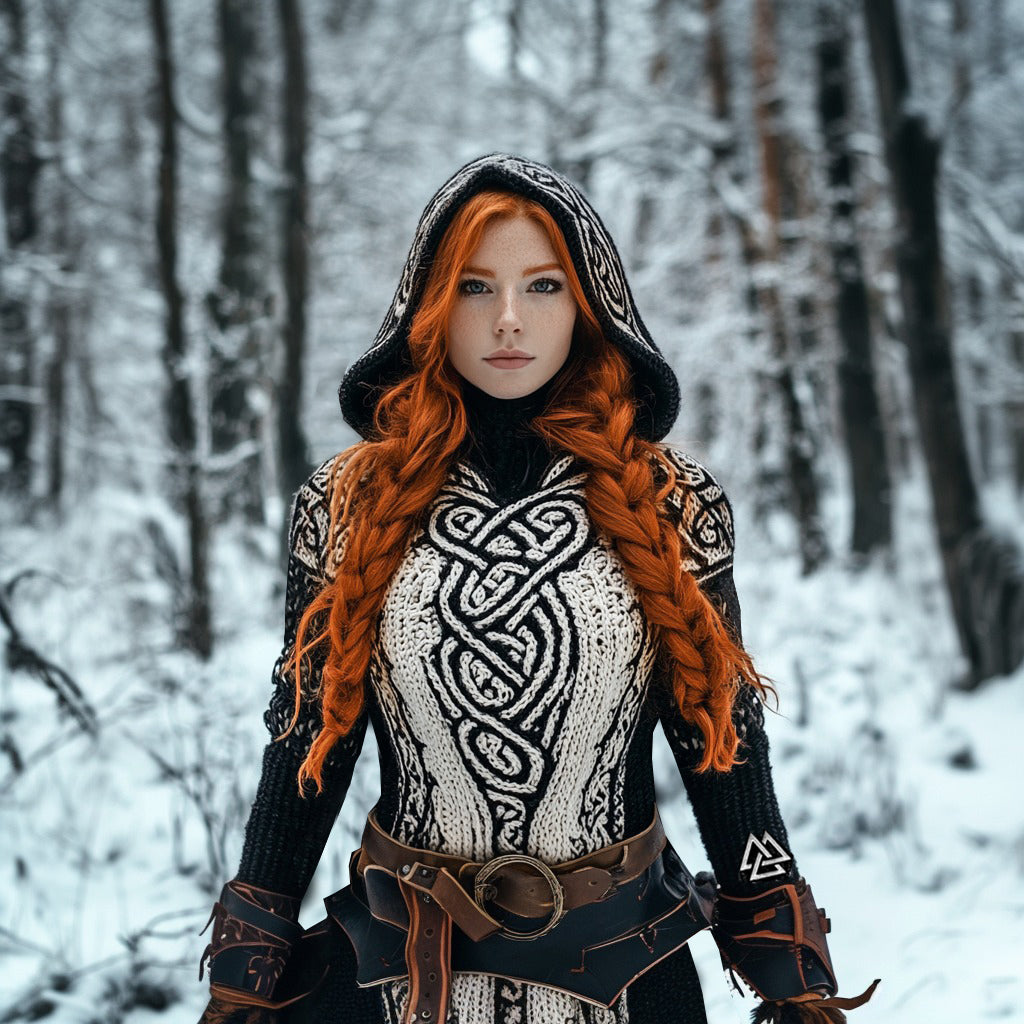 Viking Runes Inspired Celtic Knot Jacquard Chunky Hooded Sweater(accessories Not Included) elevenforest