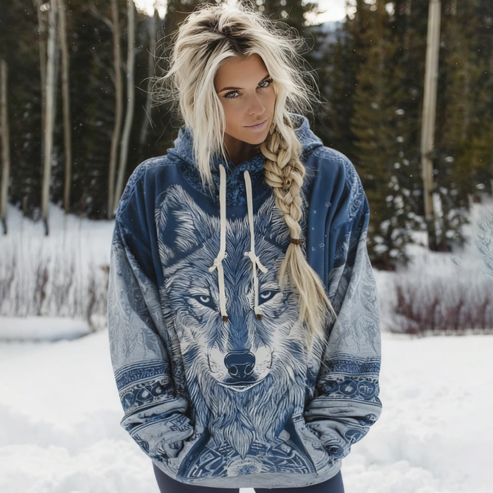 Comstylish Women's Viking Celtic Knot With Wolf Head Art Hooded Sweater