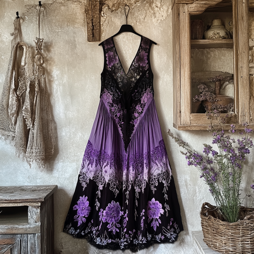 Bohemian Lavender Embroidery Patchwork Art Sleeveless Cozy Linen Maxi Dress elevenforest