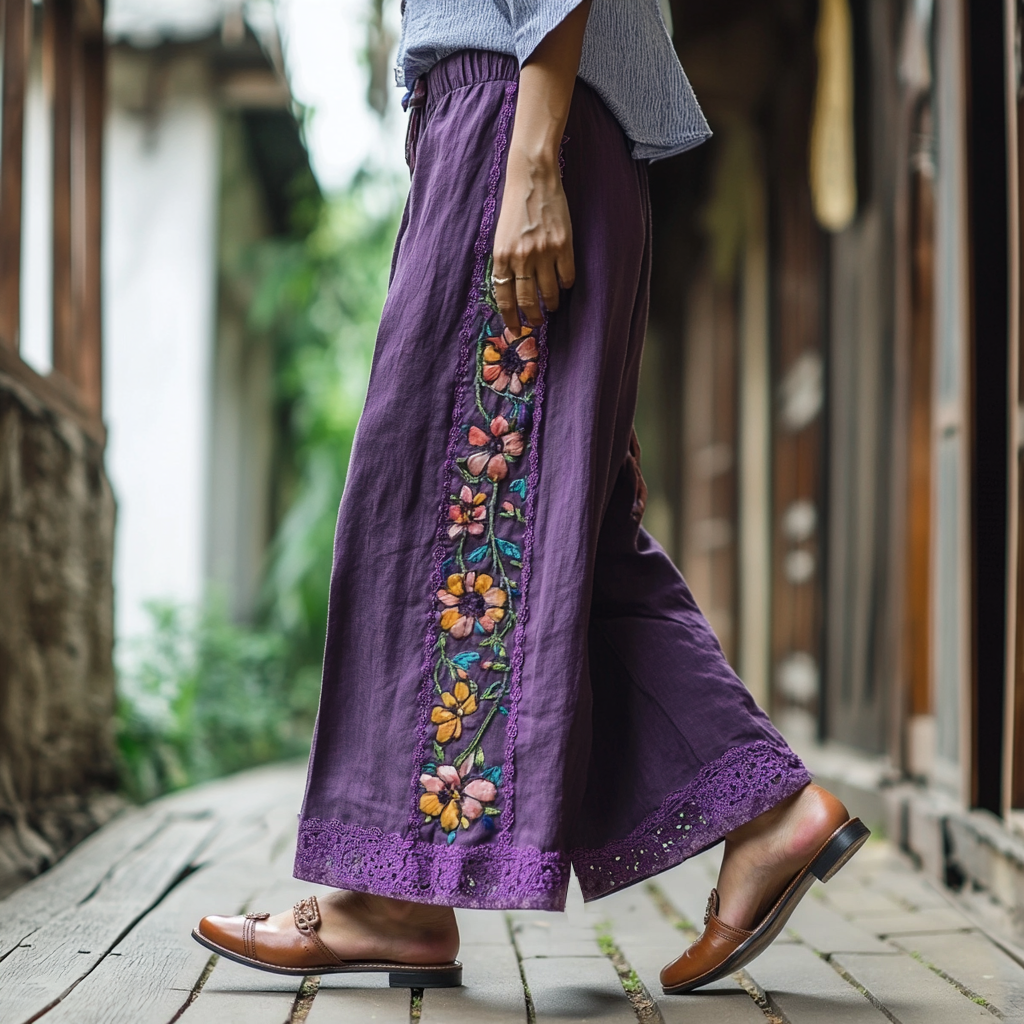 Retro Boho Floral Embroidery Lace Art Cotton Linen Wide Leg Pants elevenforest