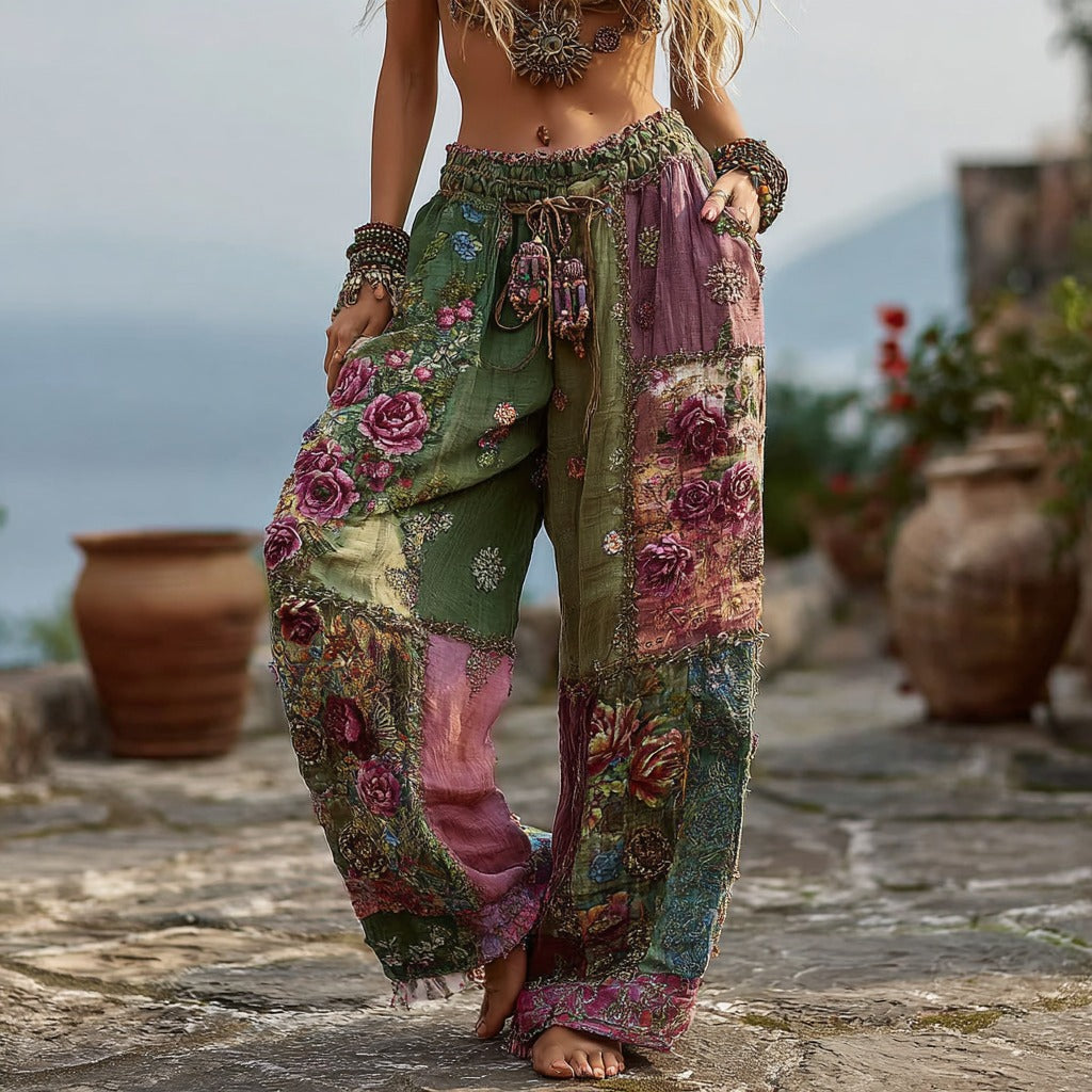 Women's Vintage Floral Pattern Casual Linen Pants elevenforest