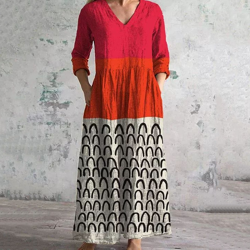 Vintage Rainbow Line Contrast Colors Art Pattern Women's Linen Dress elevenforest