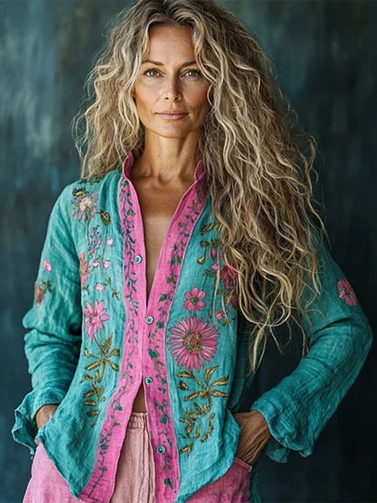 Bohemian Holiday Style Linen Floral Print Long Sleeve Shirt elevenforest