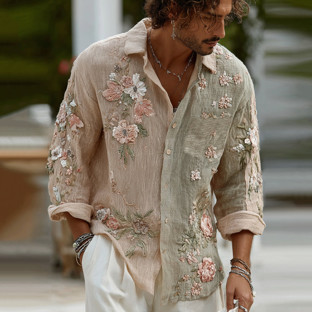 Men's Vintage Color Block Floral Embroidered Comfy Linen Shirt elevenforest
