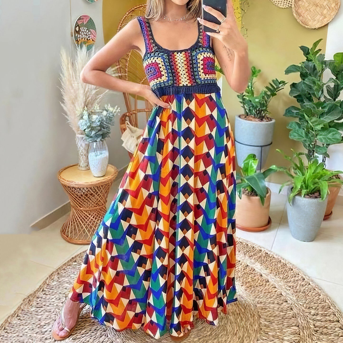 Bohemian Vacation Style Crochet Spliced geometric Printed Maxi Dress elevenforest