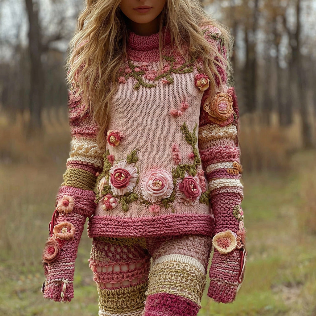 Women's Retro Color Block Rose Floral Art High Neck Cozy Sweater elevenforest