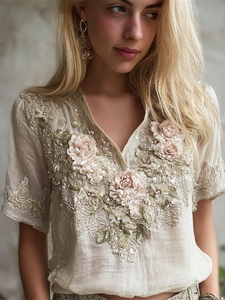 Boho Oil Painting Floral Embroidery Women's Linen V-neck Short Sleeve Shirt elevenforest