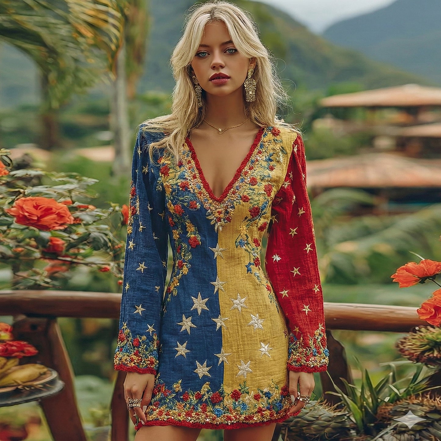 Women's Venezuela Flag Floral Art Casual Linen V-neck Long Sleeve Dress elevenforest