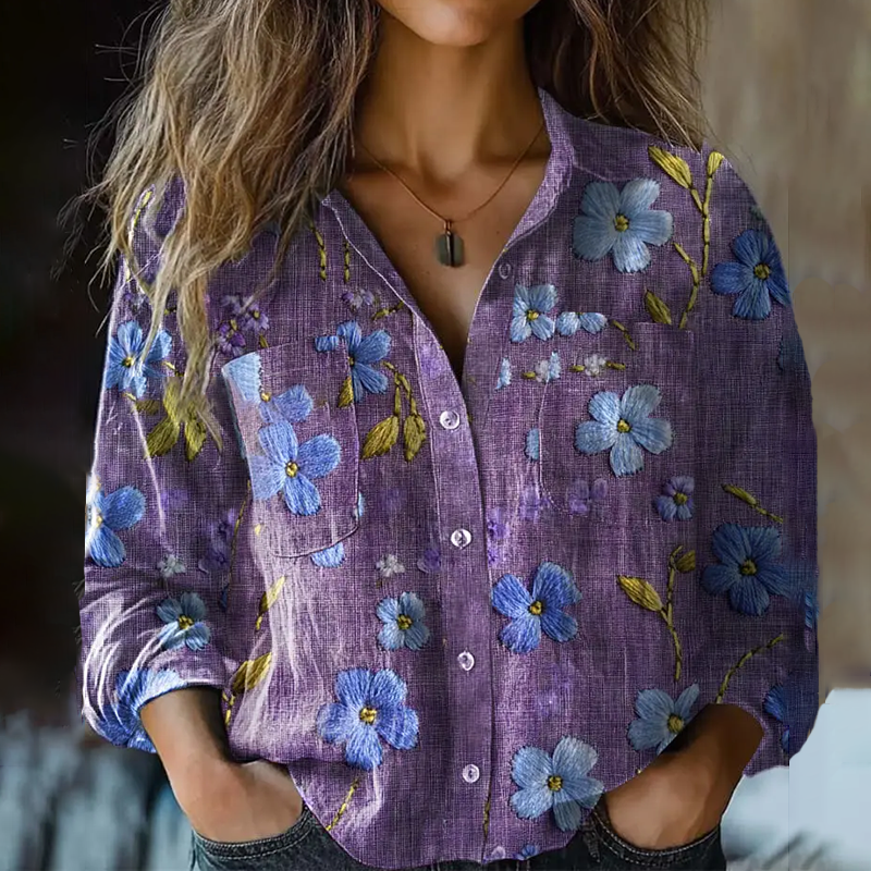 Bohemian Style Purple Floral Embroidery Linen Print Long Sleeve Shirt elevenforest