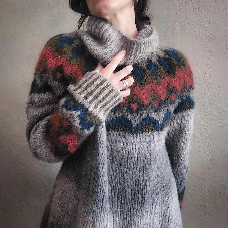 Women'S Love Heart Graphic Jacquard Fairman Island Turtleneck Sweater artswardrobe