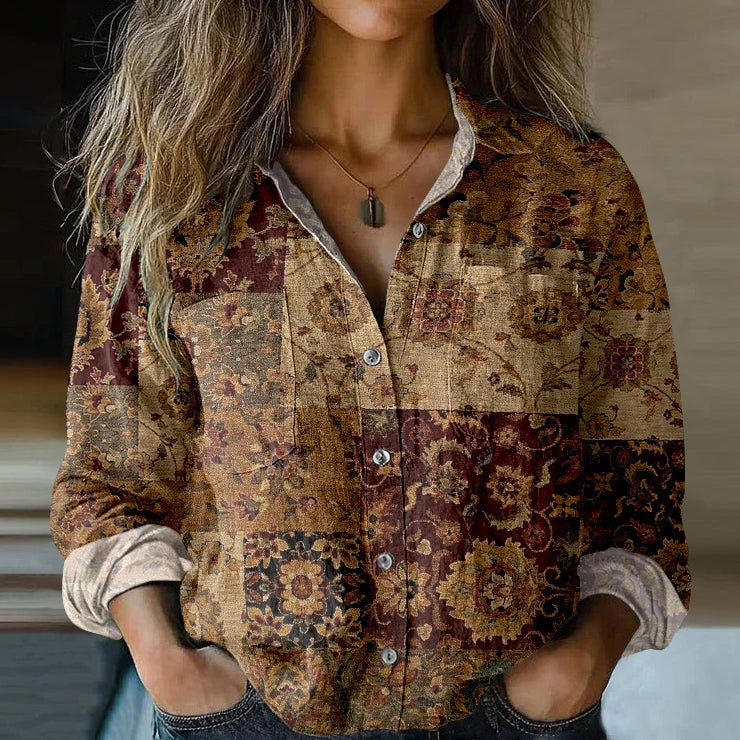 Bohemian Style Ethnic Floral Patchwork Linen Print Long Sleeve Shirt elevenforest