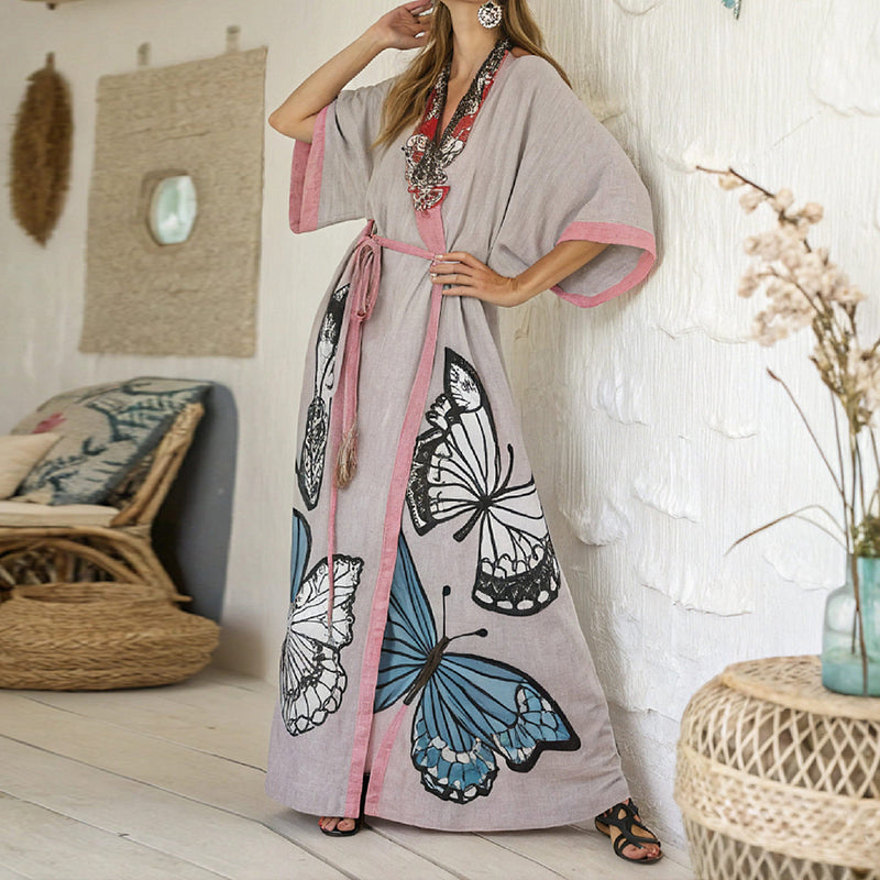 Women's Butterfly Art Linen V-neck Robe elevenforest