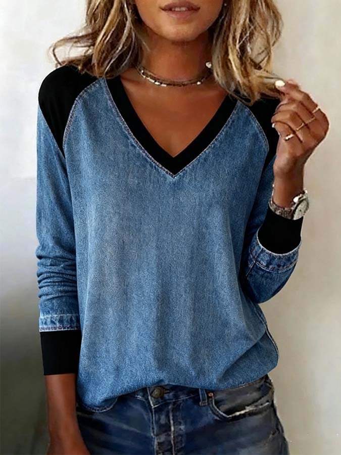 Women'S Casual Loose Contrast Color Splicing Top T-Shirt