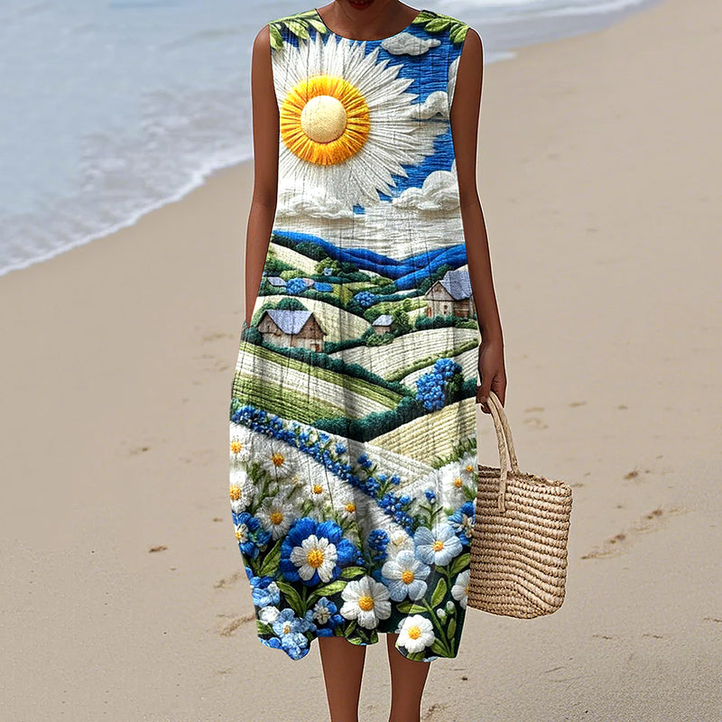 Vintage Loose Hometown Rural Farm Sunshine Art Sleeveless Cotton And Linen Tank Dress elevenforest