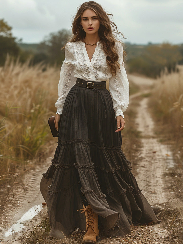 Retro V-neck Lace Linen Women's Pastoral Style Linen Skirts elevenforest