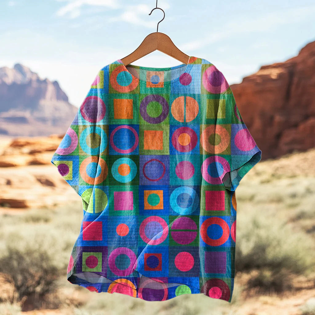 Women's Vintage Abstract Art Print Casual Linen Shirt elevenforest