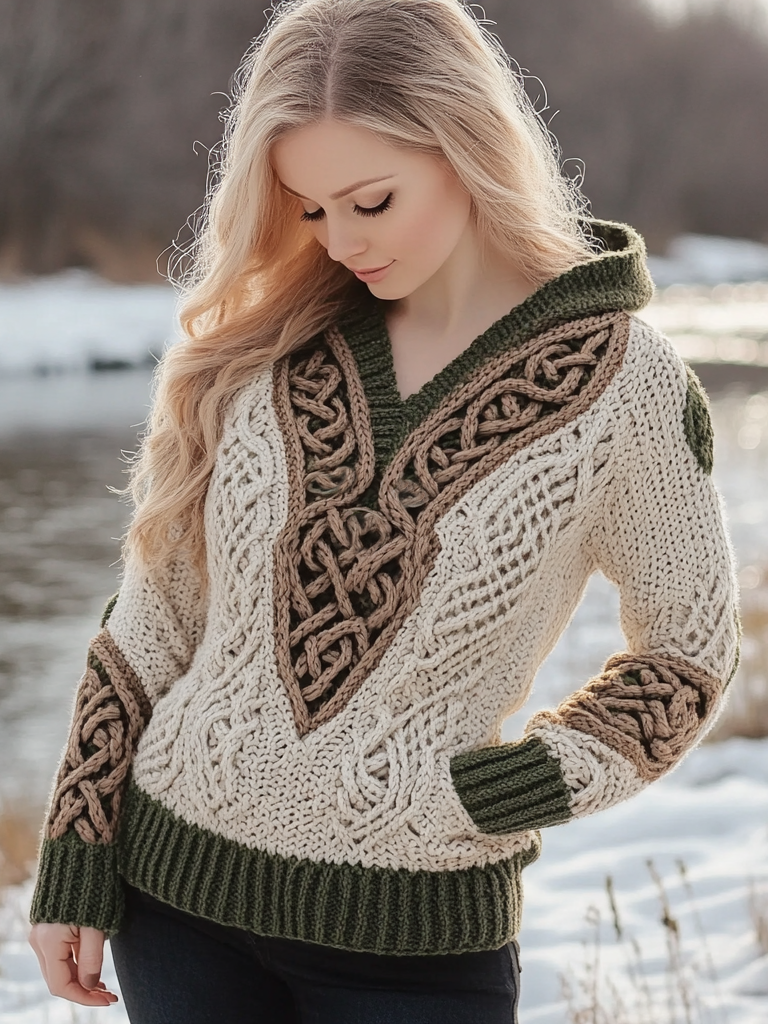 Women's Irish Celtic Knotted Jacquard Pocket Ireland's Hooded Sweater artswardrobe