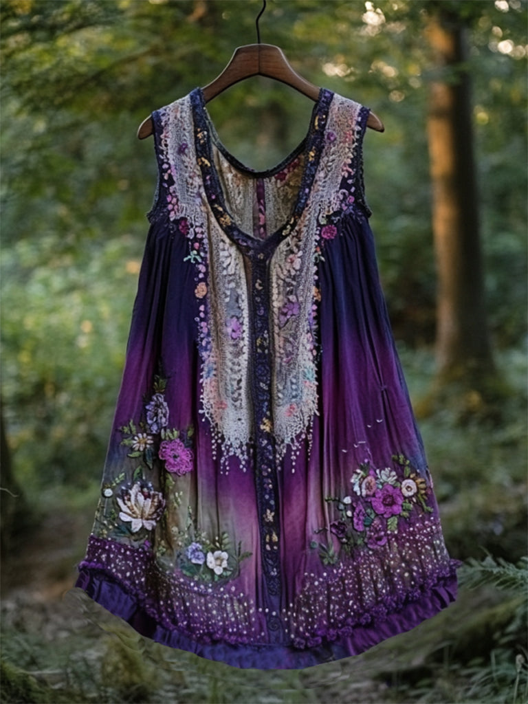 Boho Lavender Art Linen Patchwork Art Sleeveless Tank Top elevenforest