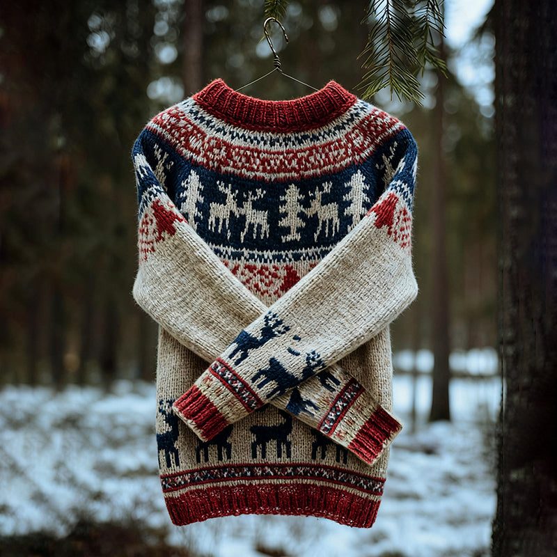 Comstylish Vintage Christmas Deer Icelandic Knit Jacquard Warmth Crew Neck Sweater(unisex)