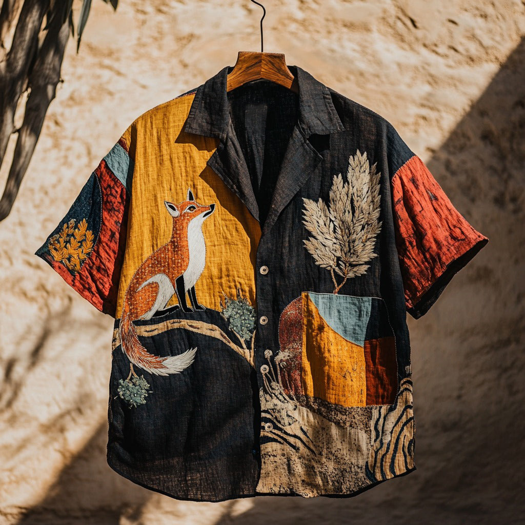 Men's Retro Fox Patchwork Contrast Color Support Our National Parks Art Linen Casual Shirt elevenforest