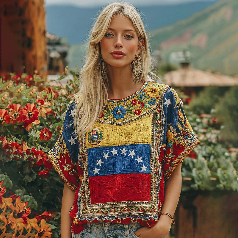 Women's Venezuela Flag Floral Art Crew Neck Linen Blend T-shirt elevenforest