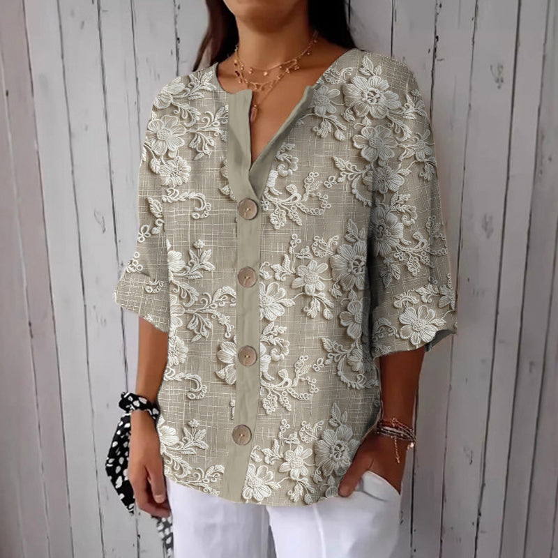 Women's Floral Print Linen Blend Casual Shirt elevenforest