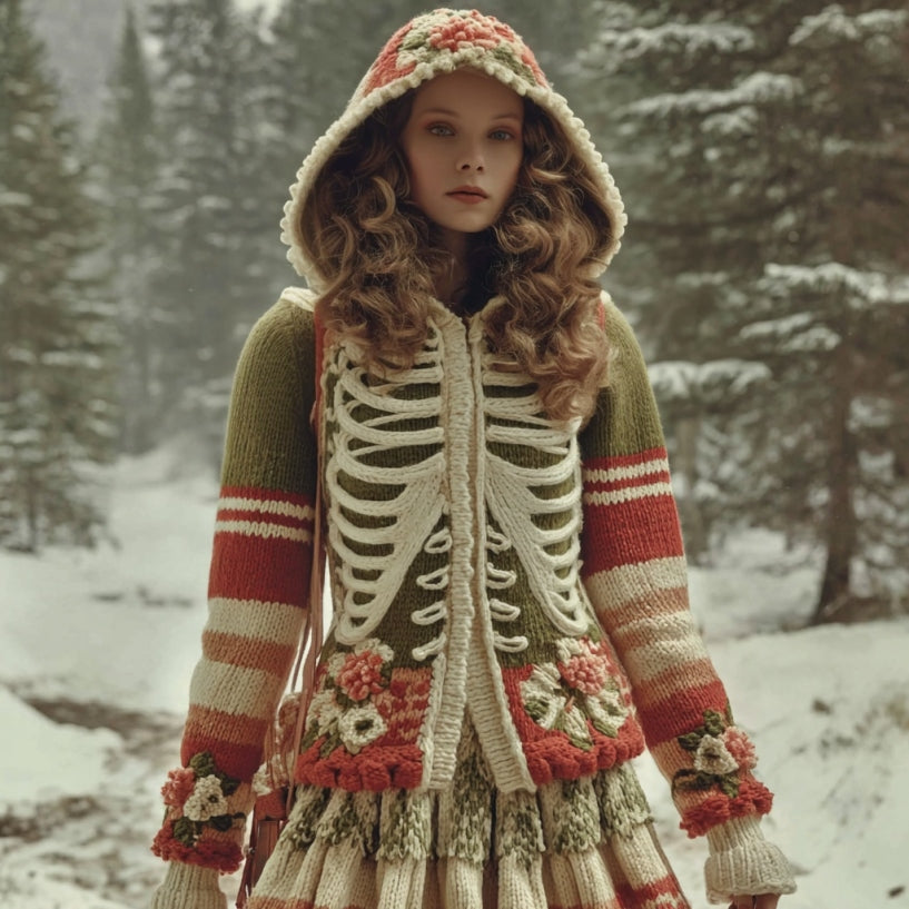 Women's Halloween Skeleton Pattern Knit Hooded Sweater Jacket artswardrobe