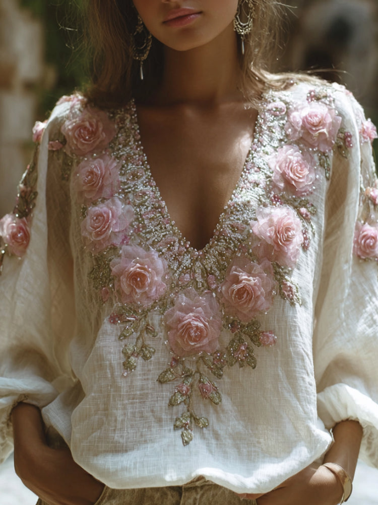 Women's White Romantic Vintage V-neck Long-sleeved Shirt elevenforest