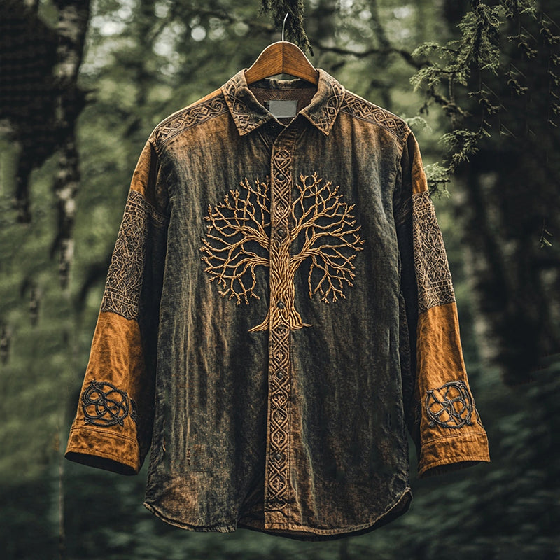 Men's Viking Mythology Tree Of Life Lapel Tie Dyed Long Sleeved Shirt elevenforest