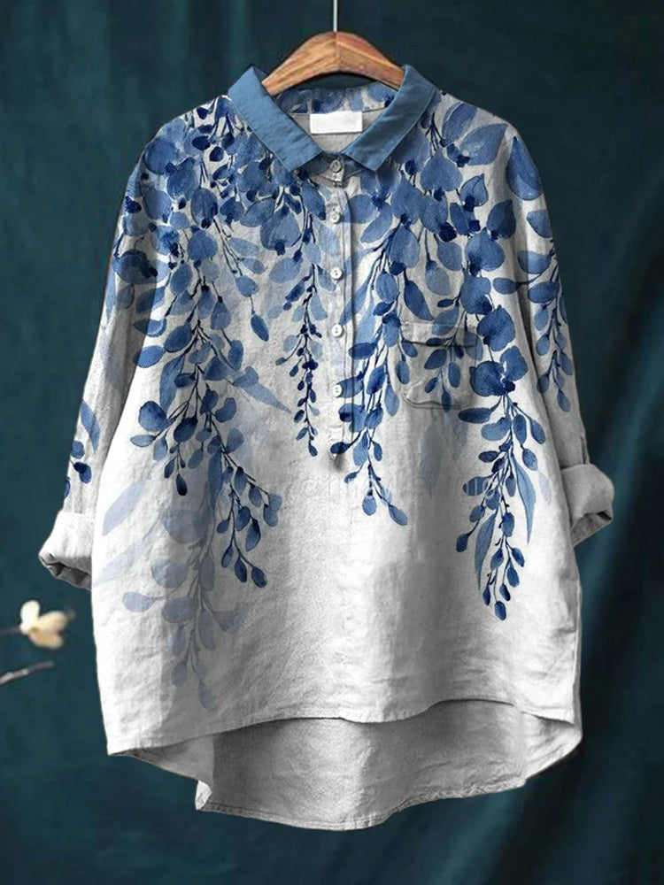 Women's Casual Blue Floral Printed Cotton Shirt elevenforest
