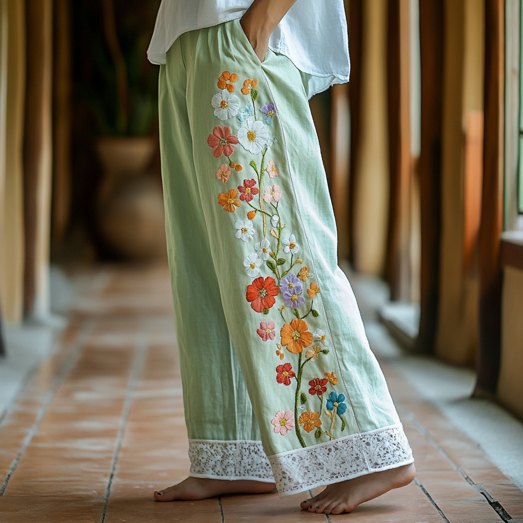 Retro Boho Floral Lace Embroidery Art Linen Wide Leg Pants elevenforest