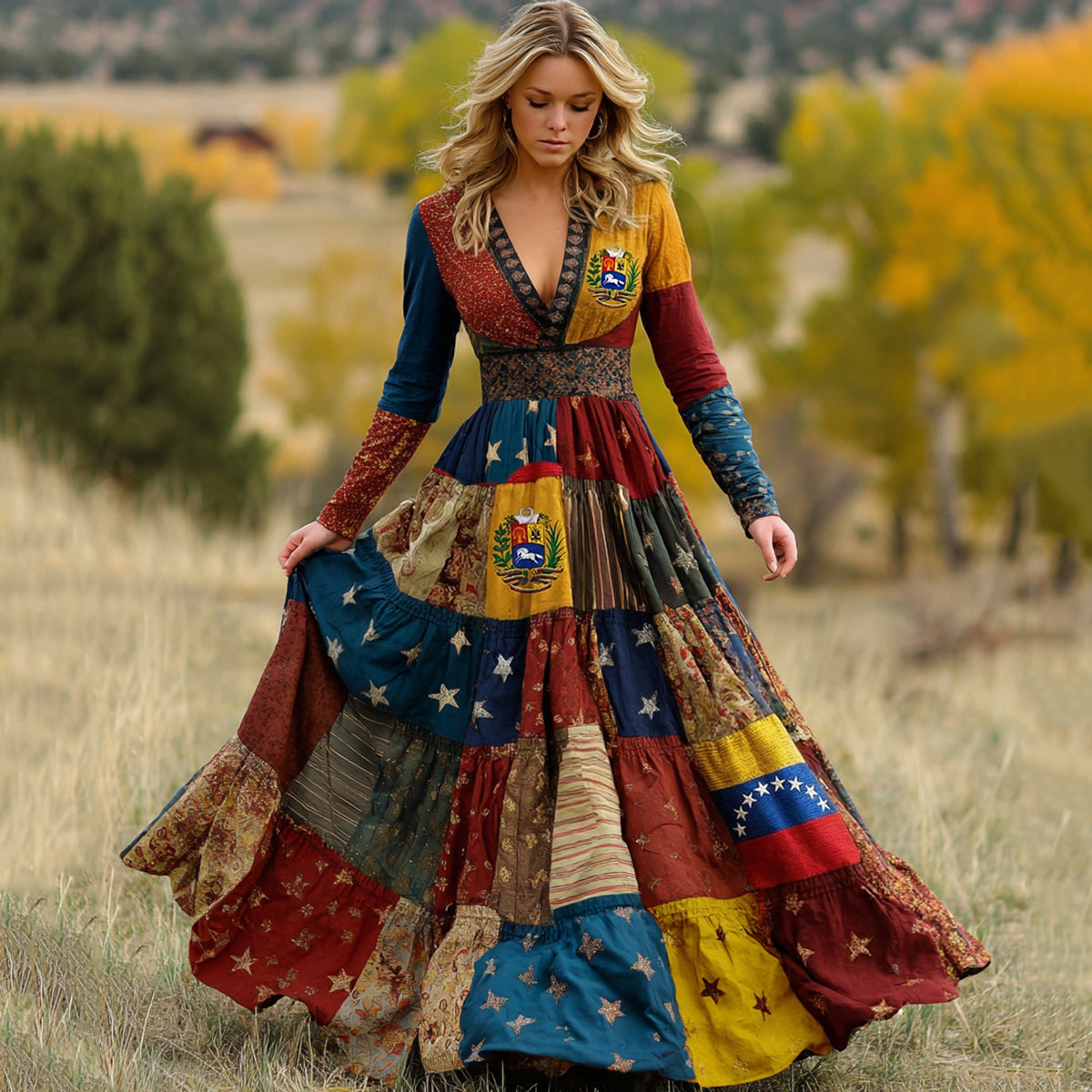 Women's Venezuela Flag Floral Patchwork Art Comfy Linen V-neck Dress elevenforest