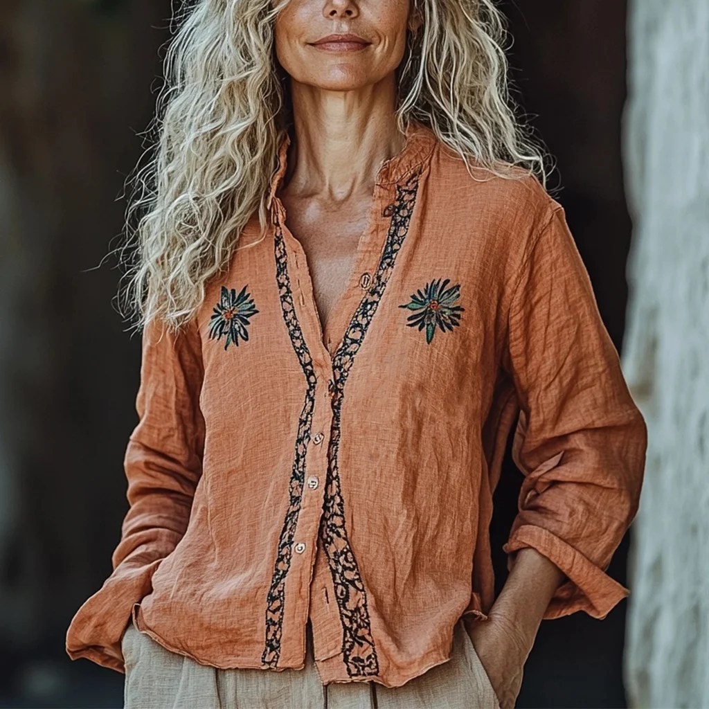 Bohemian Linen Floral Art Print Long Sleeve Loose Shirt elevenforest