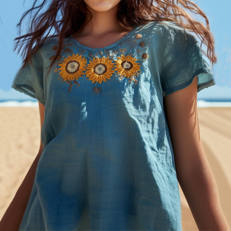 Vintage Sunflower Embroidered Art Cotton Linen Comfy Shirt elevenforest