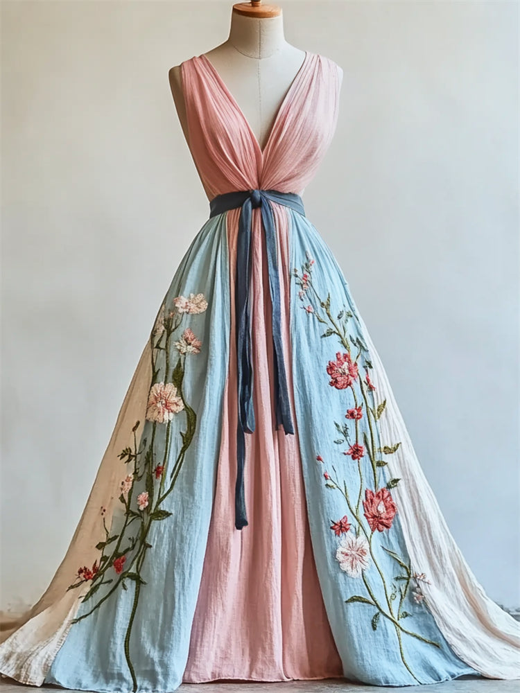 Floral Embroidered Trans Inspired Colorblock Linen Maxi Dress elevenforest