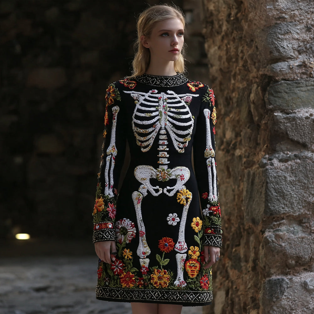 Women's Vintage Halloween Skeleton Bones Flower Comfortable Elegant Sweater Dress elevenforest
