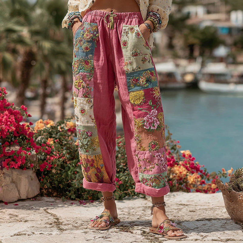 Women's Bohemian Floral Embroidery Art Contrast Color Linen Blend Casual Pants elevenforest