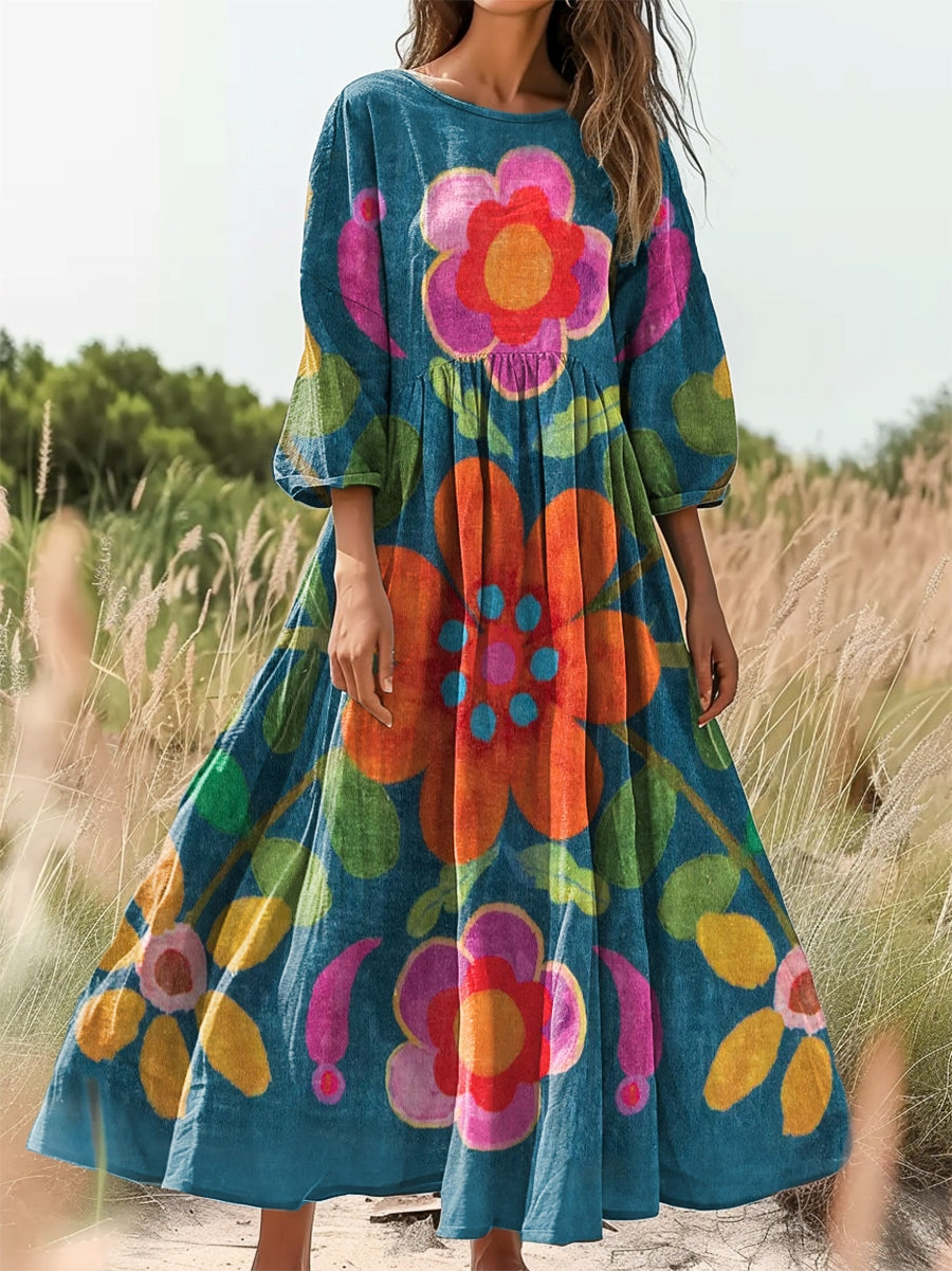 Women's Bohemian Floral Art Print Flowy Cotton Crew Neck Dress