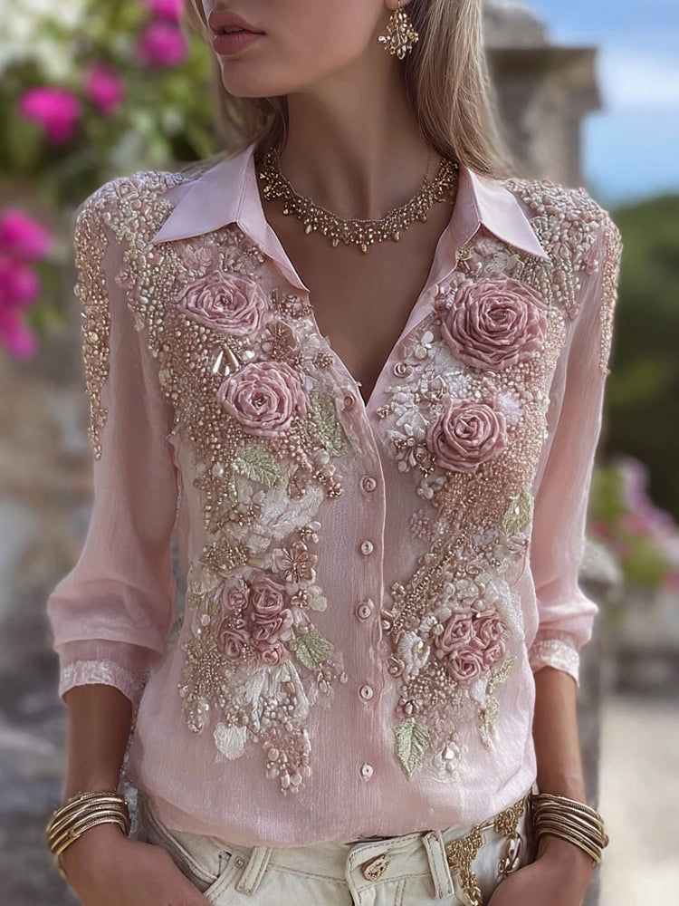 Vintage Boho Pink Floral Glitter Comfy Linen Blouse elevenforest