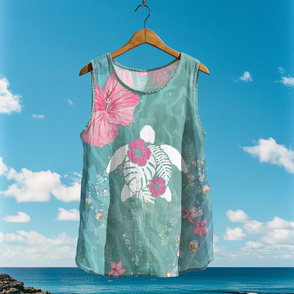Women's Loose Sea turtle In Floral Linen Sleeveless Tank Top elevenforest