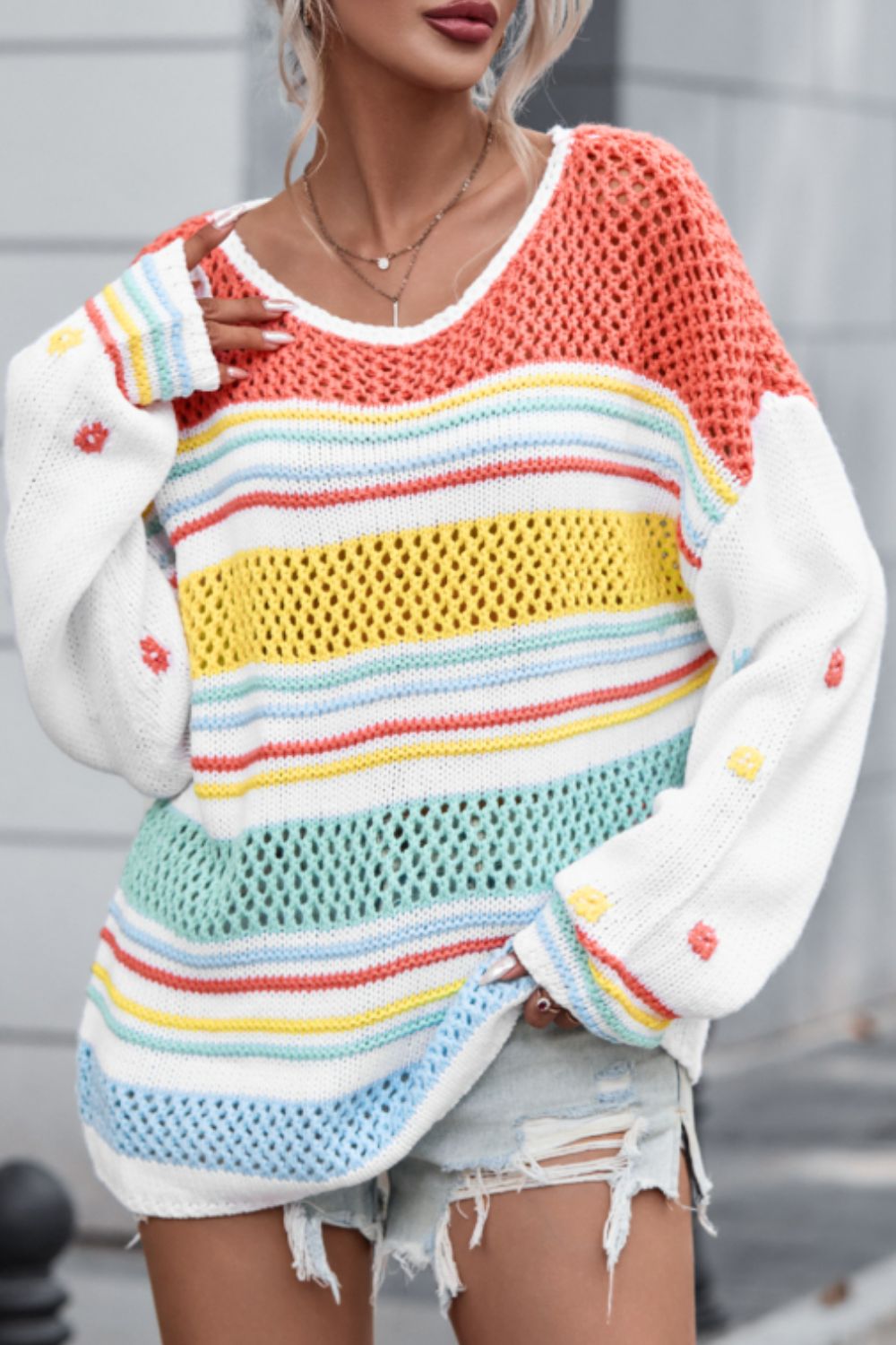 Elara® | Hollow striped color block crew neck sweater