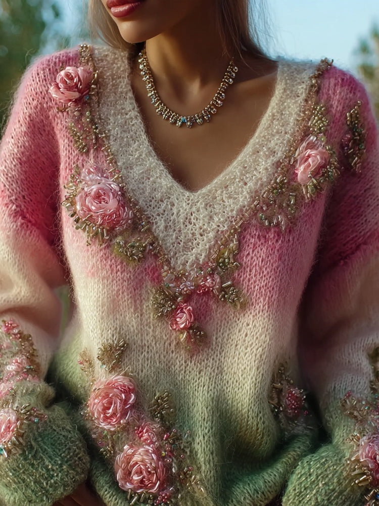 Vintage Boho Roses Embroidered Gradient Cozy Knit Sweater elevenforest