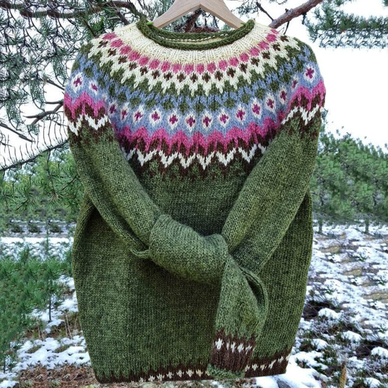 Vintage Icelandic Green Knit Jacquard Warmth Crew Neck Sweater(Unisex) elevenforest